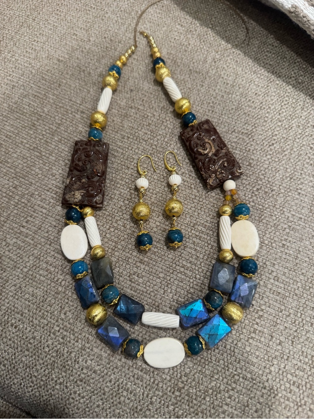 Artisan Carved Jasper, Labradorite, Apatite & Bone Beaded Statement Necklace Set
